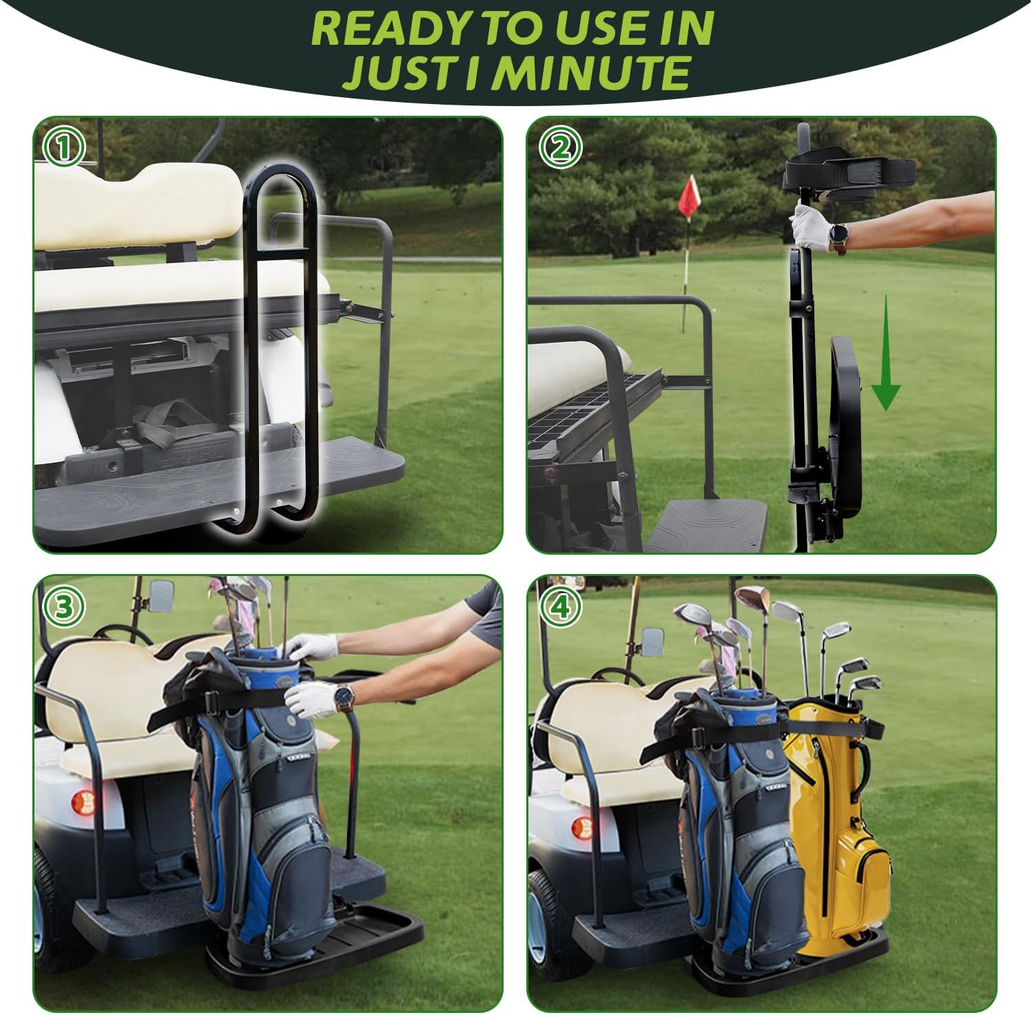 Foldable Golf Cart Rear Seat Bag Holder, Universal Compatible with EZGO/Club Car/Yamaha, Fits Rear Seat Grab Bar Maximum 8'' Wide, Easy Installation/No Drilling Required