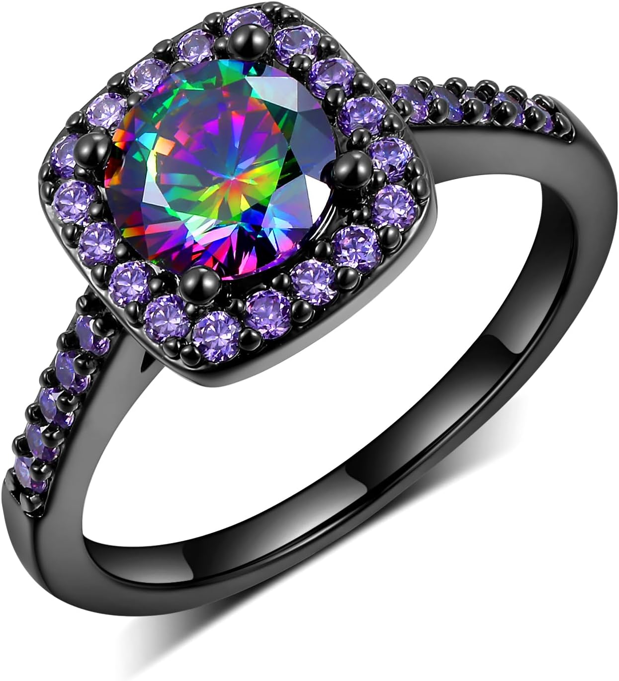 18K Black Gold Plated Heart/Square Mystic Topaz Halo Engagement Promise Eternity Ring for Women