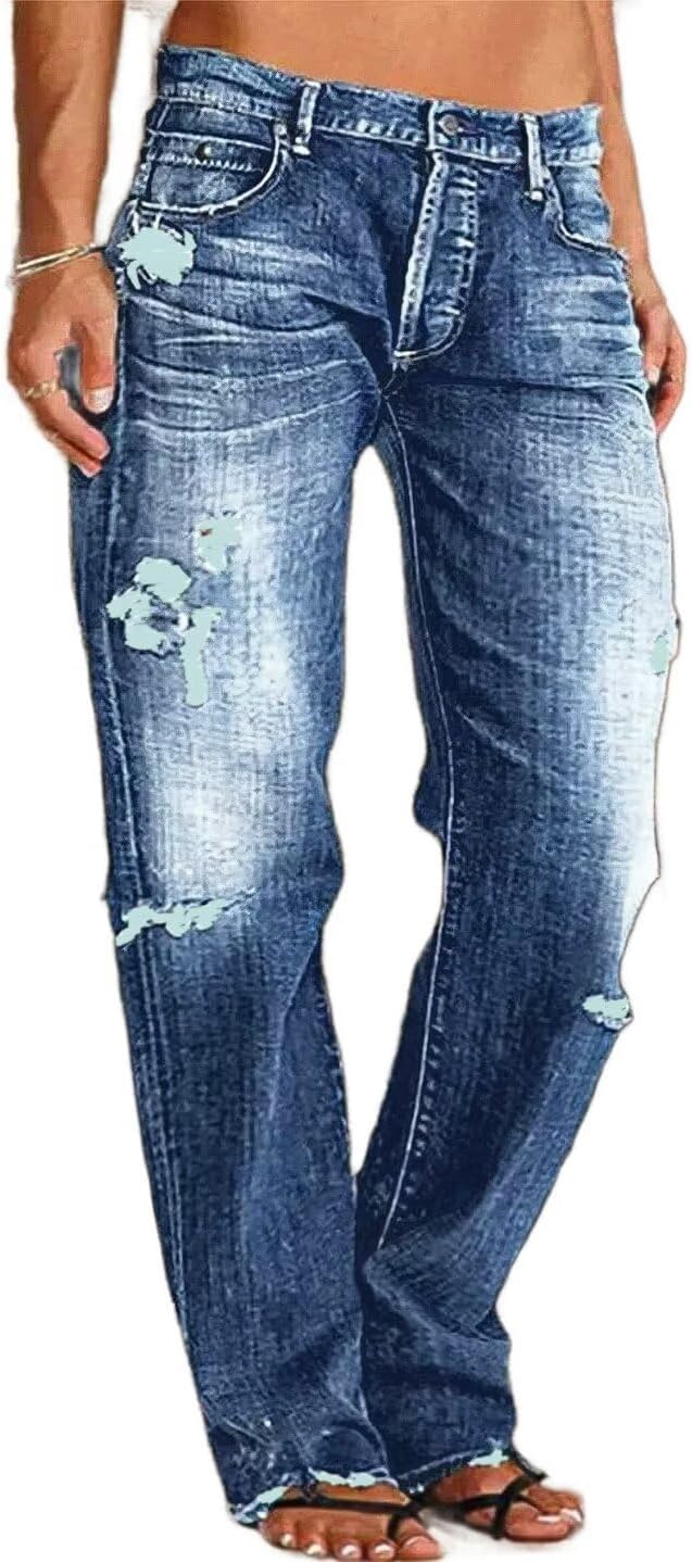 Flamingals Straight Leg Jeans for Women Raw Hem Low Waisted Pants
