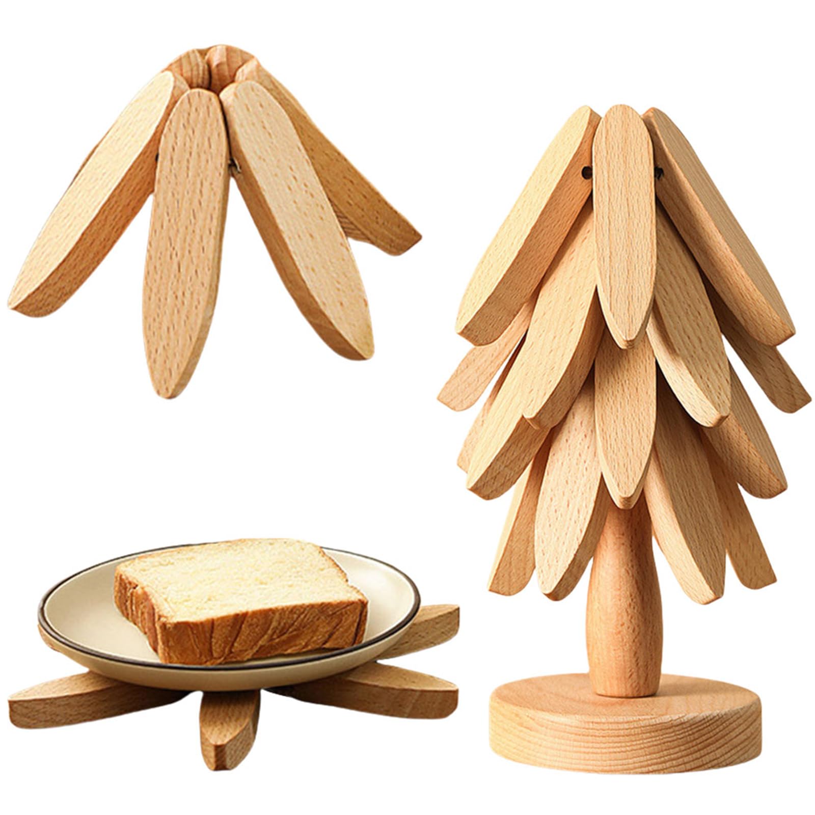 Natural Wood-4Pcs Wooden Trivet Tree Set-Christmas Tree Trivet With 4 Natural Wooden Trivets & 1 Stand Stored Like A Christmas Trees,Foldable Kitchen For Hot Pots,Pans,Bowl,Teapot（Natural Wood-4Pcs）