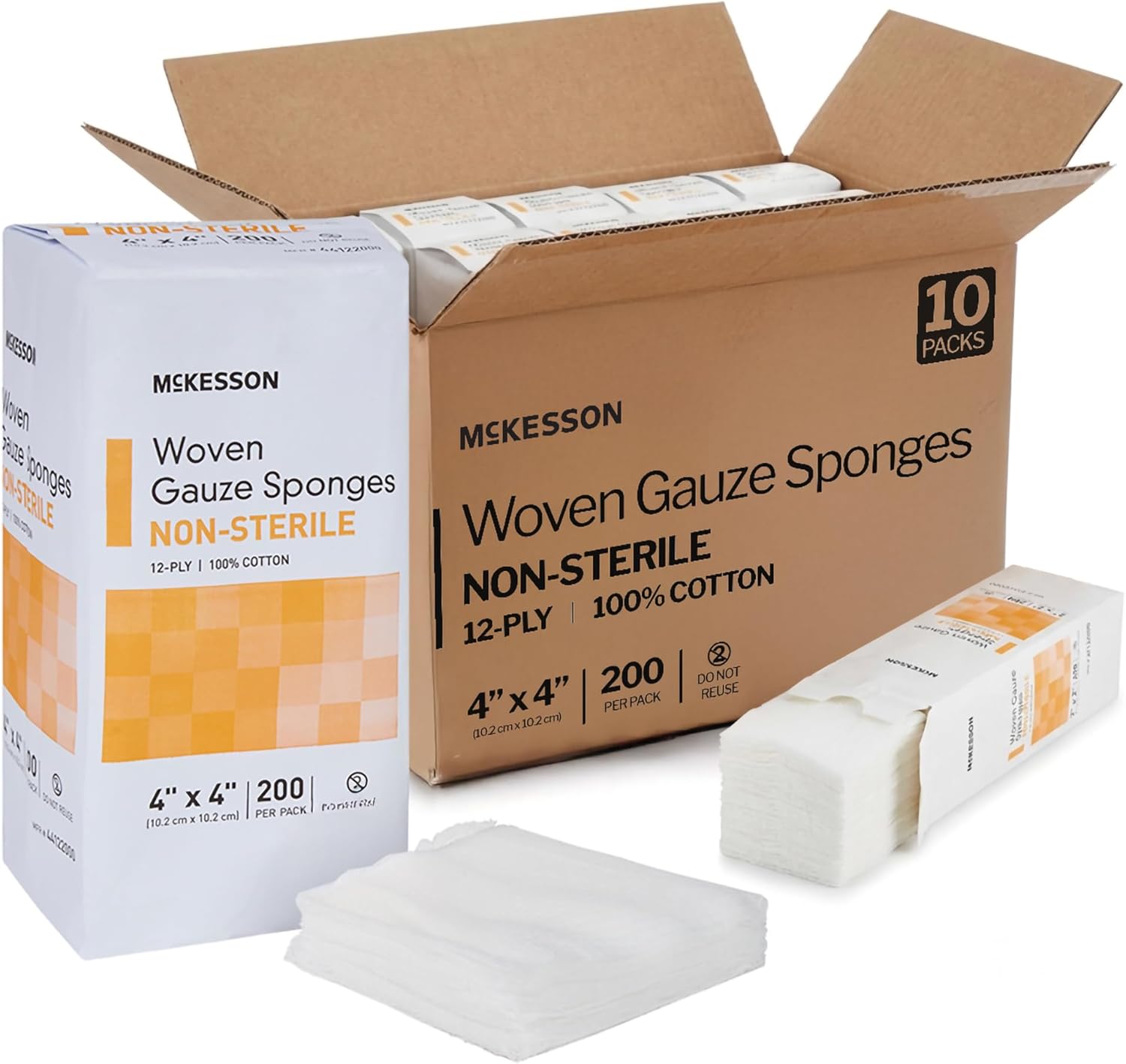 McKesson Non-Sterile Woven Gauze Pads 4x4 Inch [2000 Count] - 12-Ply 100% Cotton Breathable Woven Gauze Sponges for Wound Care & First Aid Medical Supplies