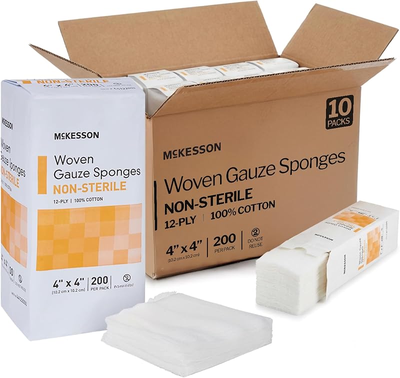 McKesson Non-Sterile Woven Gauze Pads, 4 x 4 in, 2000 ct | 12-Ply 100% Cotton Breathable Woven Gauze Sponges for Wound Care & First Aid Medical Supplies