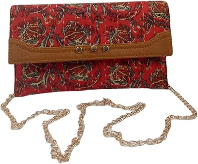 India Meets India Christmas Red Excellent Finish Women Cloth Clutch with Detachable Chain 9.5x6Inch Handamde