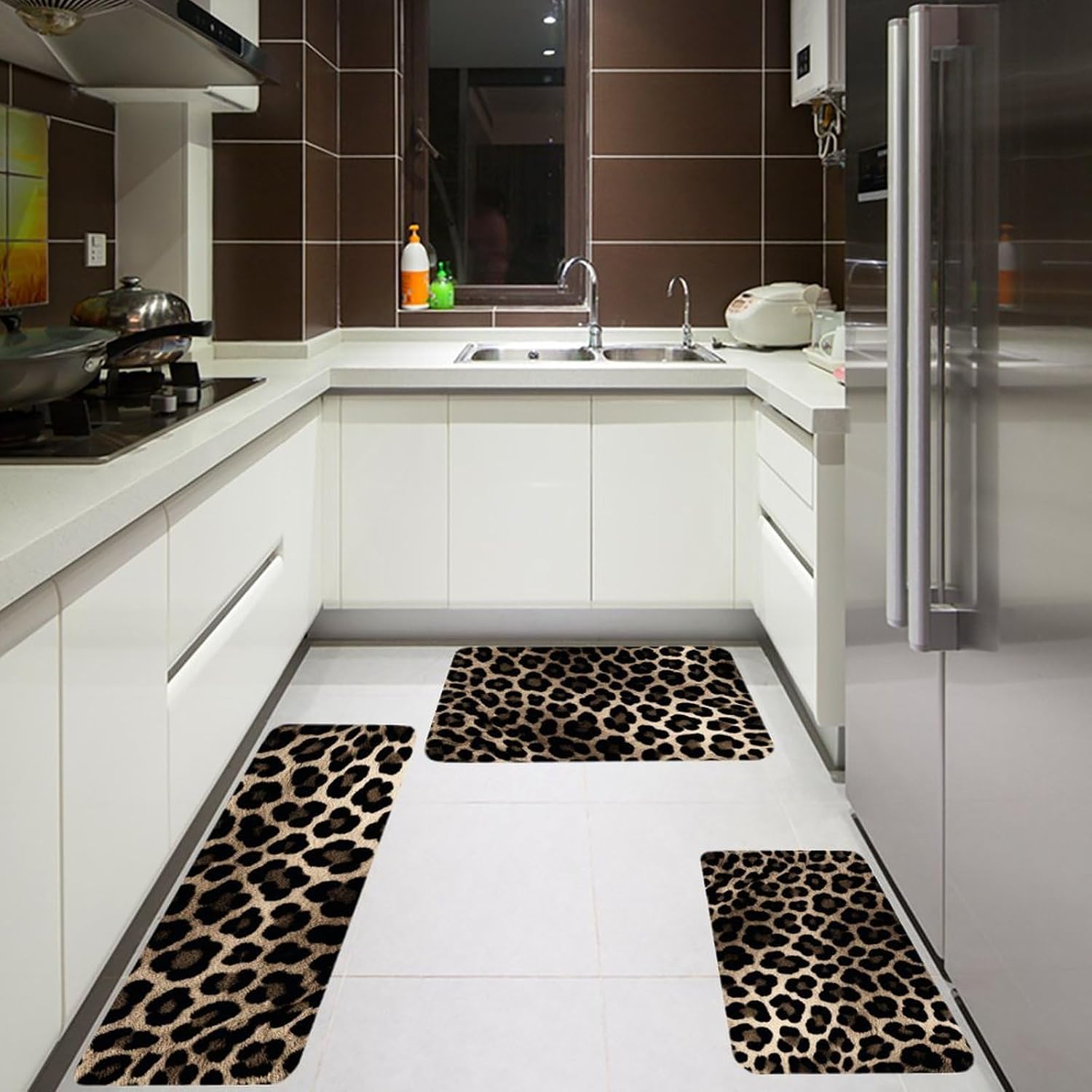 Black Leopard Print Kitchen Mats for Floor 3 Pcs Kitchen Rugs