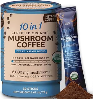 10-in-1 USDA Certified Organic Decaf Mushroom Coffee, Instant Mushroom Coffee Decaf, Brazilian Dark Roast for Better Energy, Focus, Gut Health, 30 Sticks - ShroomDNA