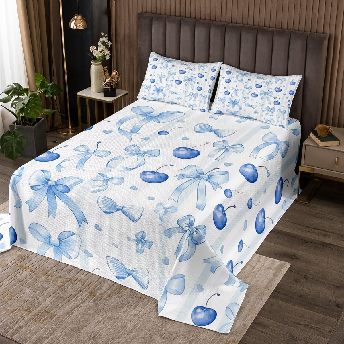 jejeloiu Coquette Bows Kids Bedspread Queen Size Cute Fruit Cherry Coverlet Set for Boys Girls Teens Bedroom Decor Stripes Quilted Coverlet Geometric Breathable Soft Lightweight Microfiber 3Pcs