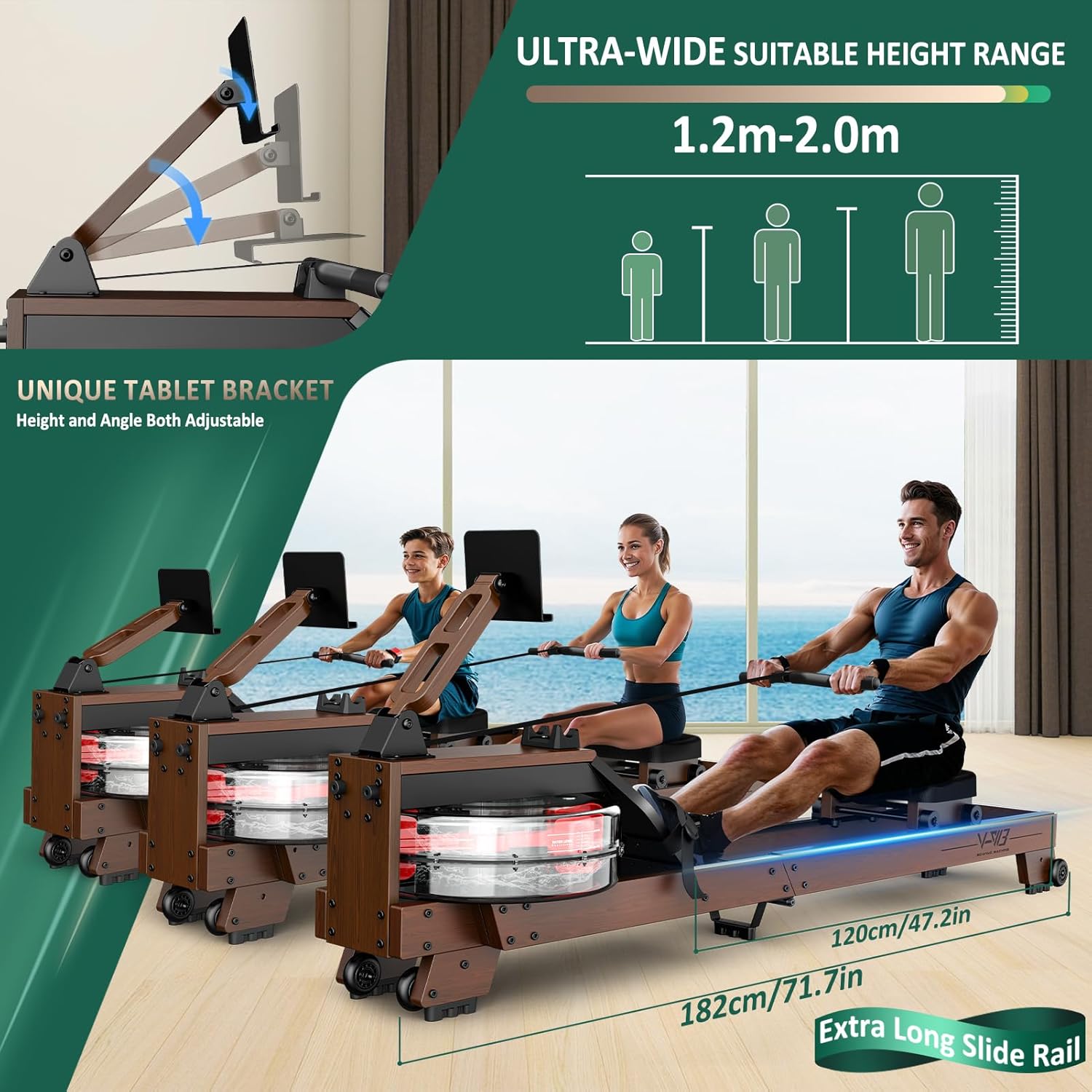 Three figures representing different heights (1.2m, 1.6m, 2.0m) demonstrating the ultra-wide suitable height range of the VOWVIT V-W3 rowing machine.