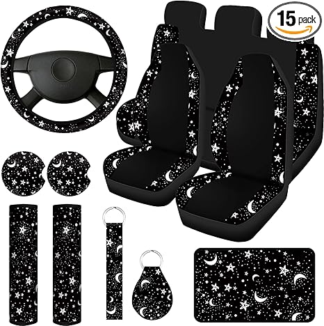 Yexiya 15 Pcs Moon and Star Car Seat Covers Print Car Accessories Full Set for Women Men Set Steering Wheel Cover Armrest Pad Seat Belt Pads Wrist Keychain Auto Interior Decor(Moon, Star)