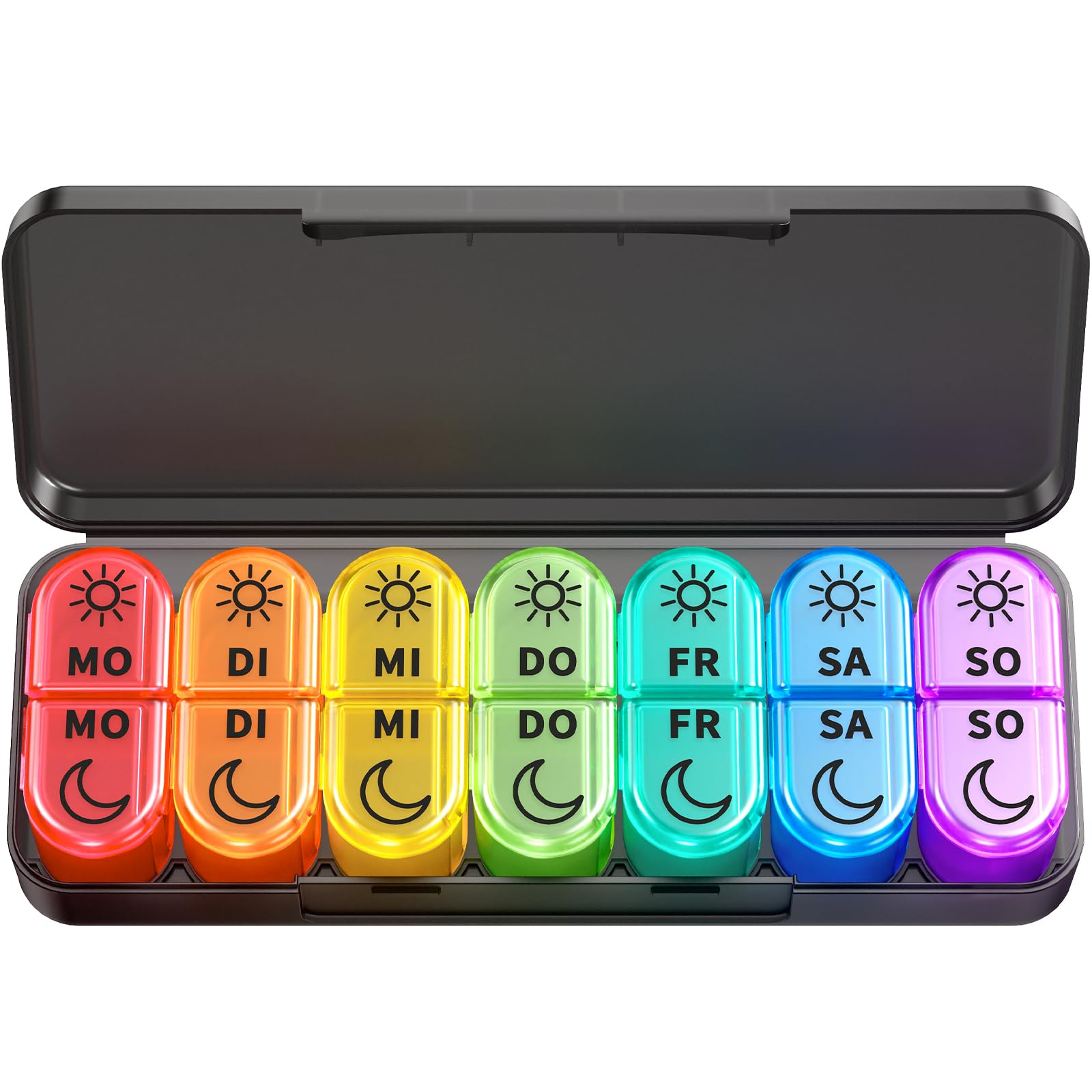 Doruimi Tablettenbox 7 Tage Morgens Abends, BPA Frei Pillendose Klein für Unterwegs, Medikamentenbox 7 Tage 2 fächer Große Fächer für Medikamente, Vitamine, Fischöl - Schwarz