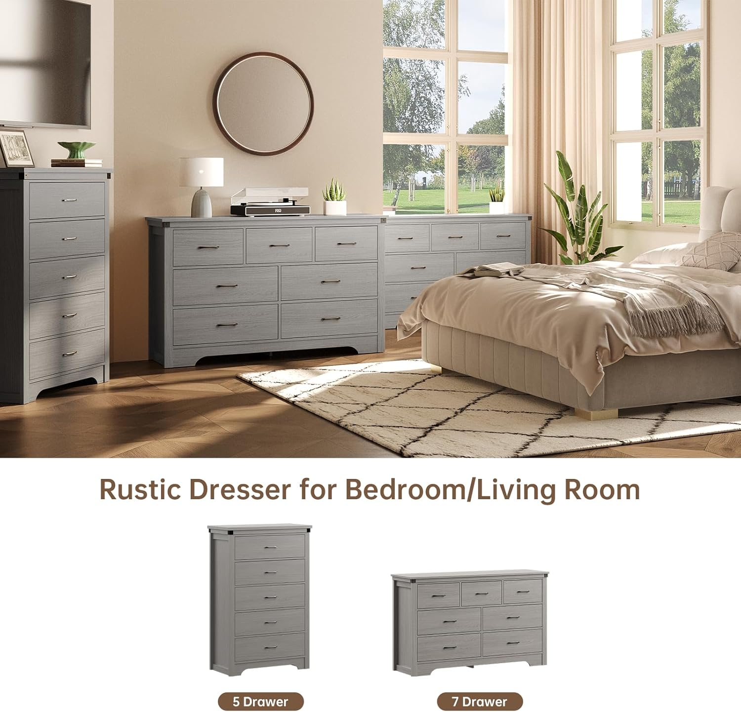 5 Drawers Dresser for Bedroom, 47.2" Tall Modern Storage Organizer, Wood Tabletop TV Stand for Living Room, Guest Room, Closet, Entryway, and Nursery, Gray