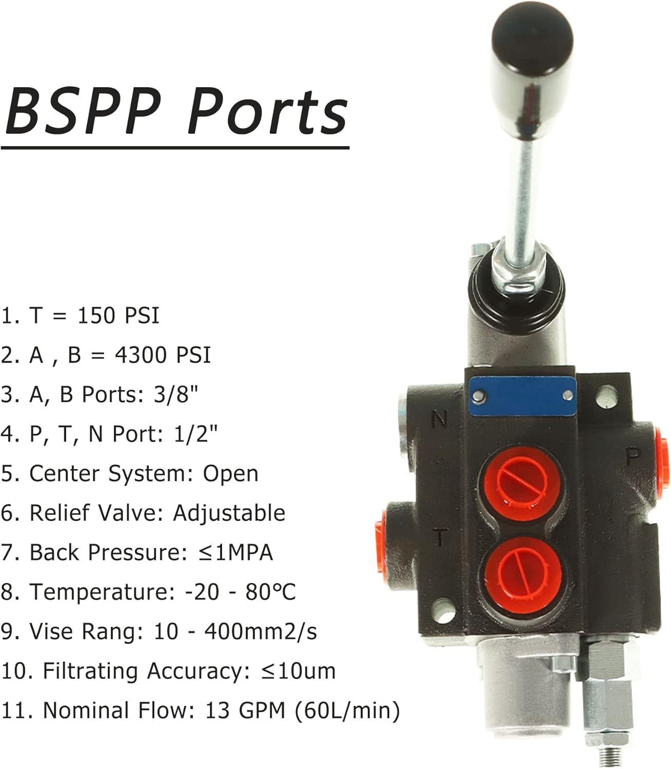 kimllier Hydraulic Directional Control Valve 1 Spool 13GPM 3600PSI BSPP Ports, Adjustable Double Acting Hydraulic Valve Fit for Small Tractors Loaders