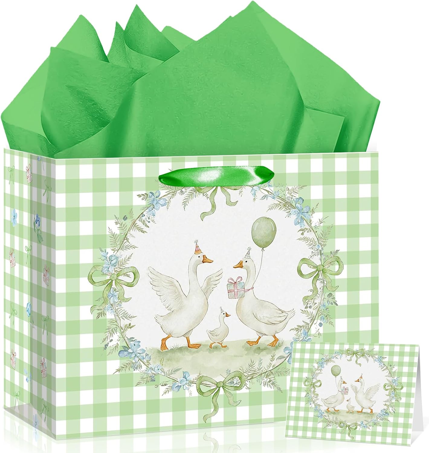 Green Silly Goose Baby Gift Bag with Tissue Paper & Card Large Green Gingham Watercolor Duck Present Bags for One Year Birthday Shower Party Supplies Favors for Boy Girl Gender Neutral Newborn