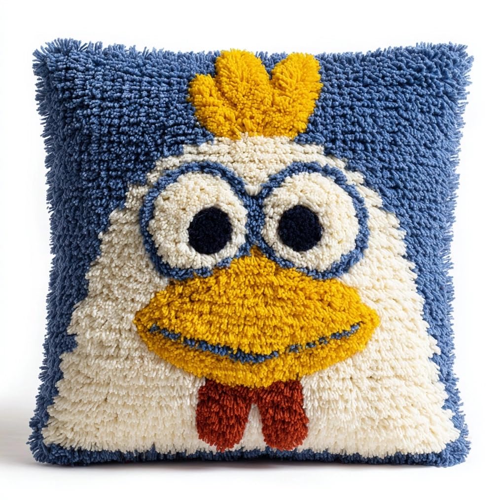 Taxpy Latch Hook Kits Pillow Printed Canvas DIY Smiling Chicken 17X17 Inch Handmade Cushion Crochet Yarn Embroidery Needlework Hook Latch Kit Pillowcase Rug Cover Christmas Home Sofa Decoration