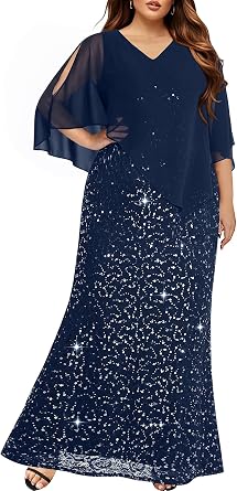 Plus Size Formal Dress - Evening Sequin Lace Long Mermaid Prom Dress with Chiffon Overlay Cape