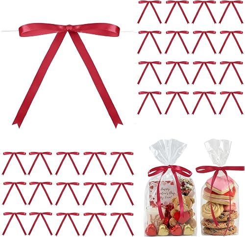 Riceshoot Burgundy 50 Pcs Stain Ribbon Bows 5x7 Inch Twist Tie Bows for Gift Wrapping Cake Treat Bags Craft DIY Gift Wedding Baby Shower Birthday Party Decoration
