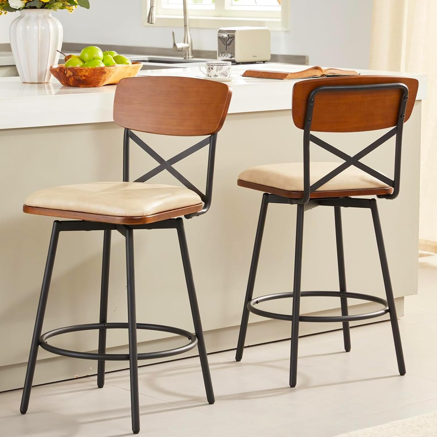 Swivel Counter Height Bar Stools Set of 2, Upholstered Barstools with Back for Kitchen Island, 26" Seat Height, Solid Wood Frame & Metal, Faux Leather Ivory