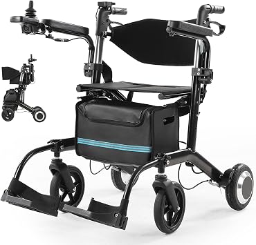 Foldable 4-in-1 Electric Wheelchair & Rollator Walker Lightweight, Compact & Portable Electric Rollator for Seniors with Seat, Black Black-Pro, 1 * 6Ah