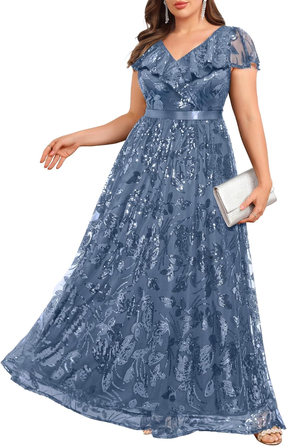 Pinup Fashion Plus Size Formal Dresses - Women Evening Gown 2026 Sequin Embroidery Wedding Guest Prom V-Neck Long Dress