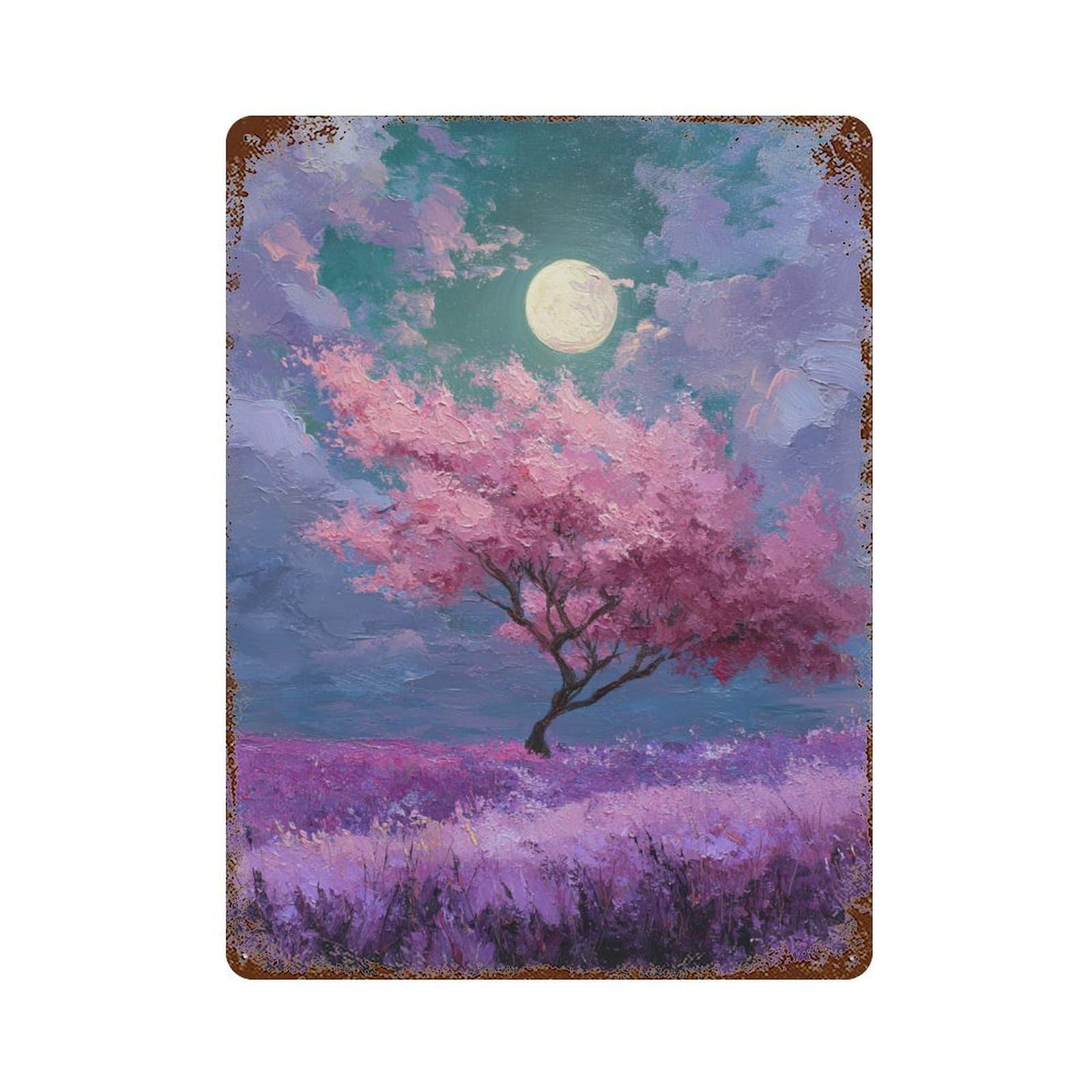 Rust Effect Cherry Blossom Moonlit Landscape -1 Aged Metal Wall Plaque 15.7"x11.8", Shabby Chic Decor for Living Room, Hallway And Home Decor