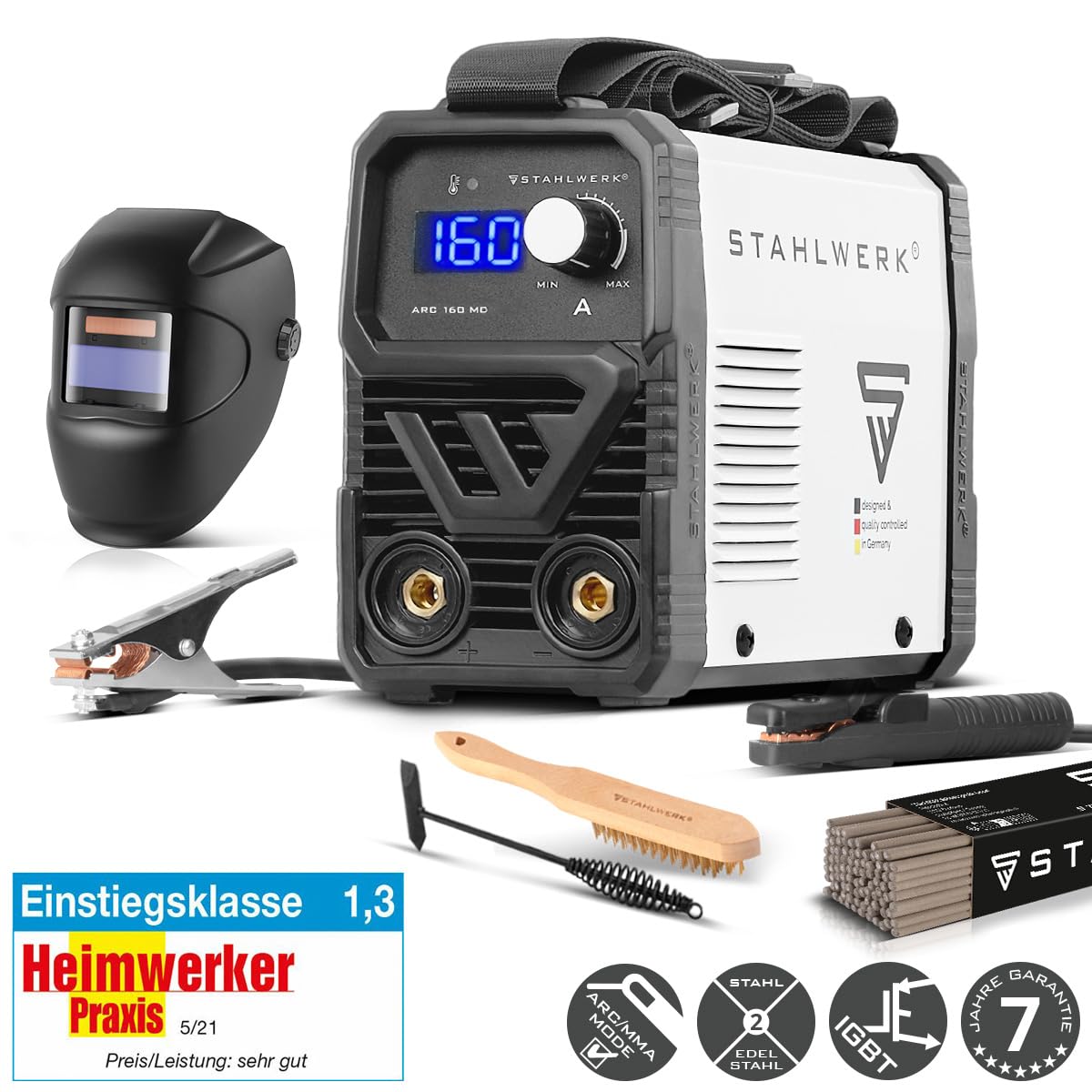 STAHLWERK Elektroden-Schweißgerät ARC 160 MD – Vollausstattung – MMA (E-Hand) bis 160 A, flexibel einsetzbar ohne Gas, kompakt & leicht, DC WIG erweiterbar, Hotstart, Anti-Stick, Smartkühlung