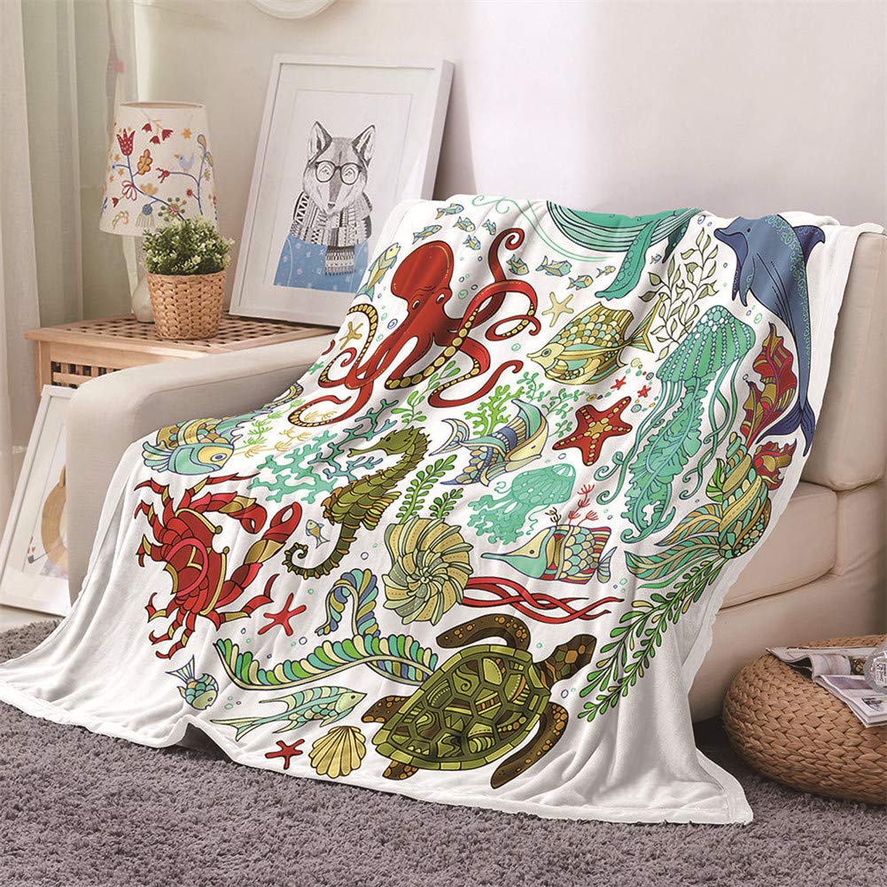 Couverture flanelle 180x200cm La Vie Marine par Chickw1, plaid polaire microfibre pour lit et canapé
