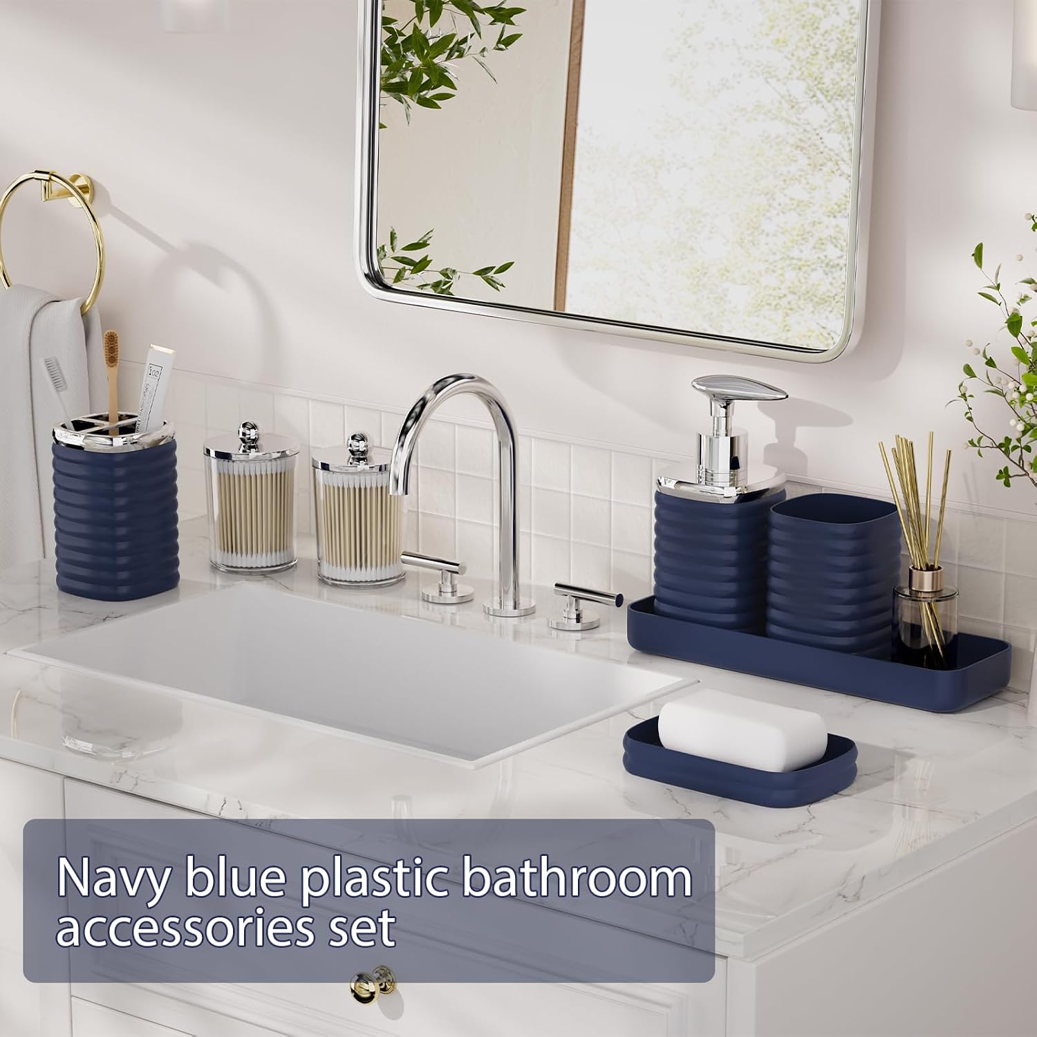 Bathroom Accessory Set - Gorgeous Bathroom Set, 7PC Navy Blue Bathroom Accessories Set, Soap Dispenser, Toothbrush Holder, Qtip Holder Set, Bathroom Accessories Sets Complete for Home