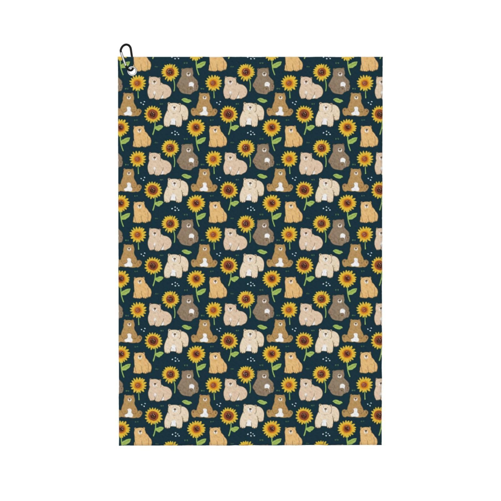 AOOEDM Bear Sunflower Print Golf Towel with Carabiner Clip Absorbent Microfiber Golf Towel for Cleaning Golf Ball Club Putter Iron for Golf Bag Trolly Belt Loop 16" X 24"