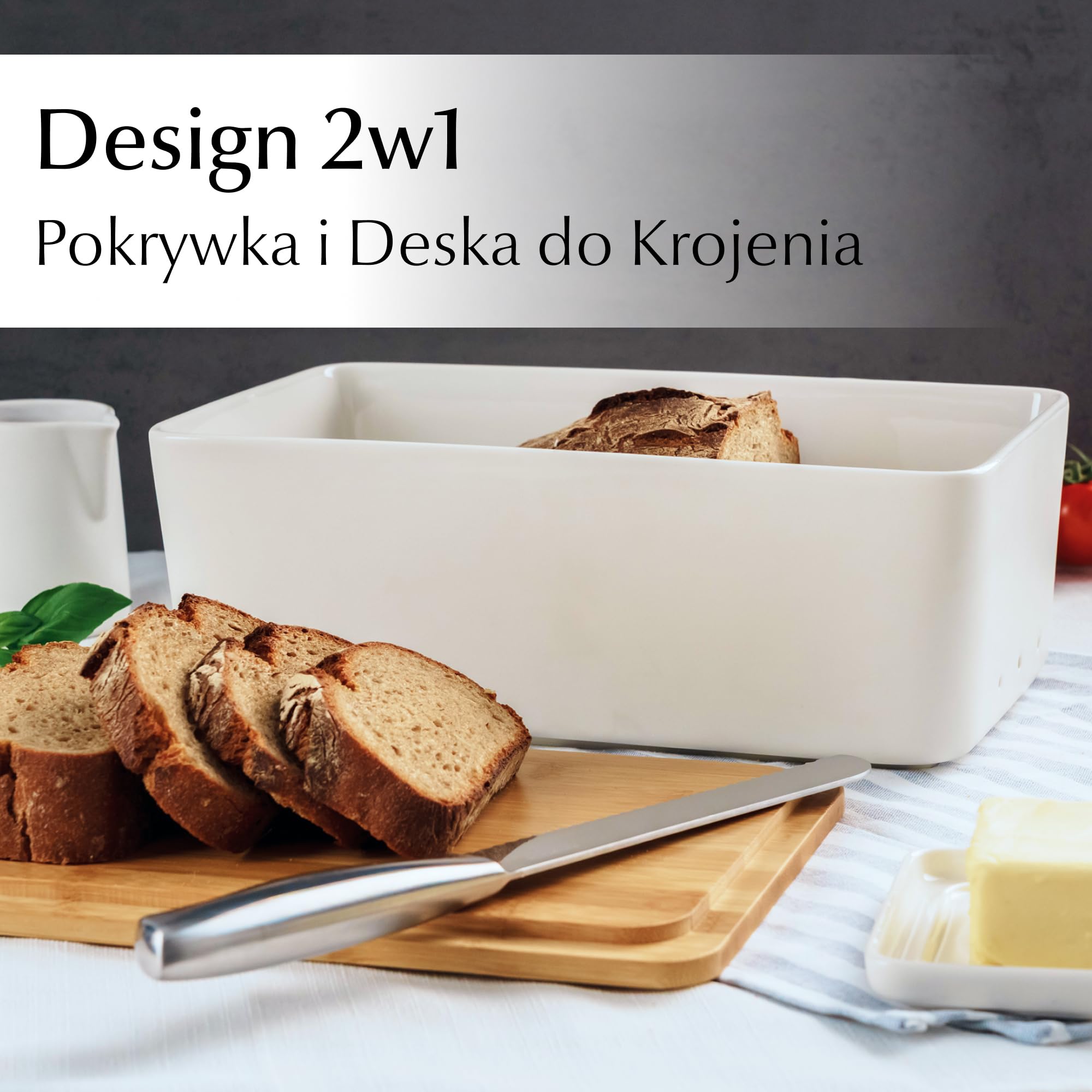 MIAMIO – Pojemnik na Chleb do Blatu Kuchennego/Ceramika Pojemnik na Chleb z Deską do Krojenia, z Bambusową Pokrywką, 32 x 20 x 11,5 cm (Biały)