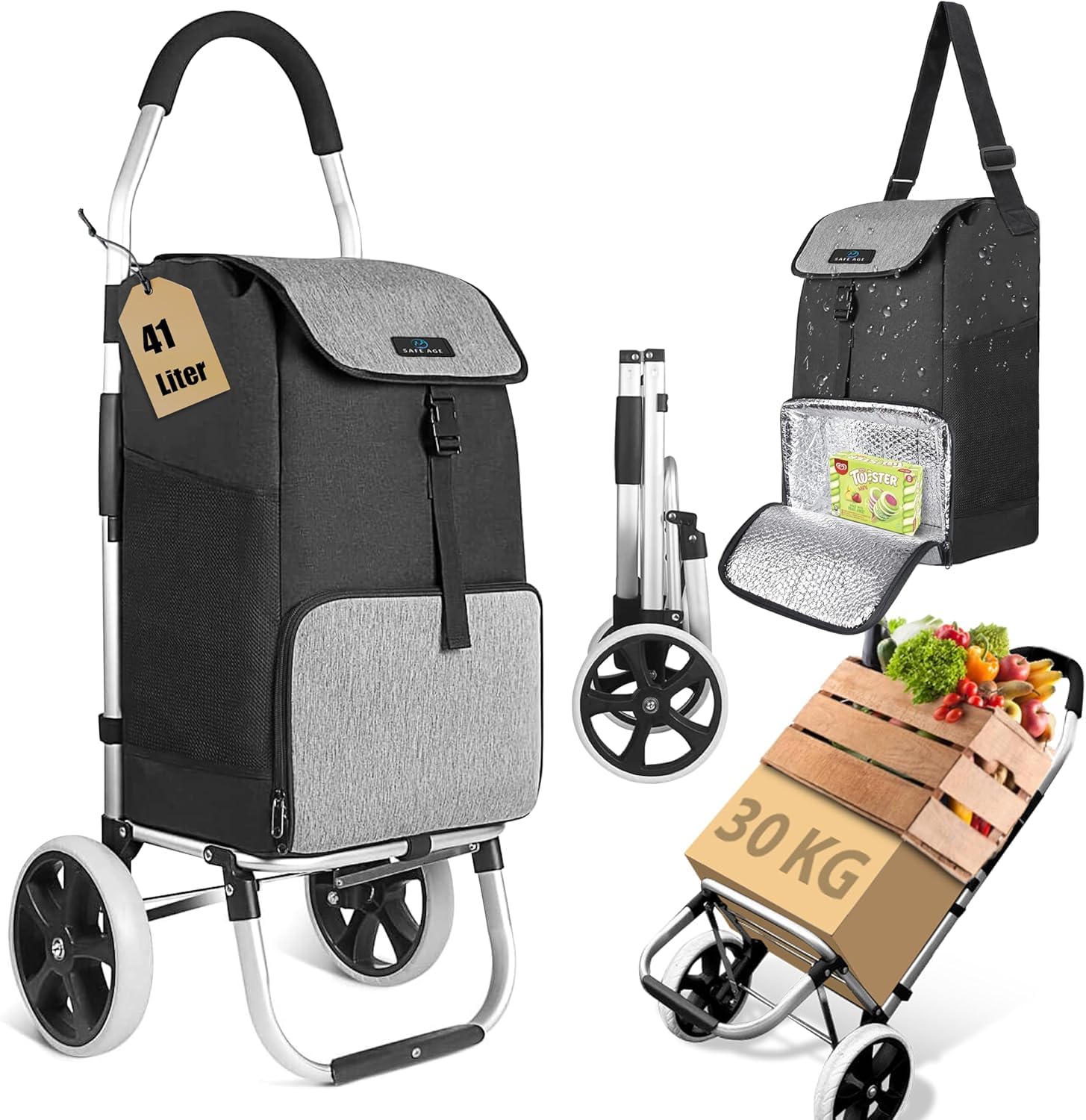 Safe Age Carrello Spesa con Ruote - Trolley Pieghevole da 45 Litri con Vano Frigorifero e Funzione Portatutto - Grigio