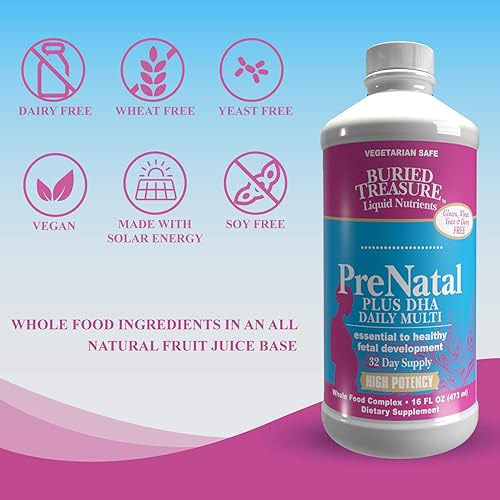 Miniatura 5 de Buried Treasure Prenatal Plus DHA Complete, 16 oz sabor a plátano naranja, suplemento de fórmula líquida de alta potencia para antes, durante el