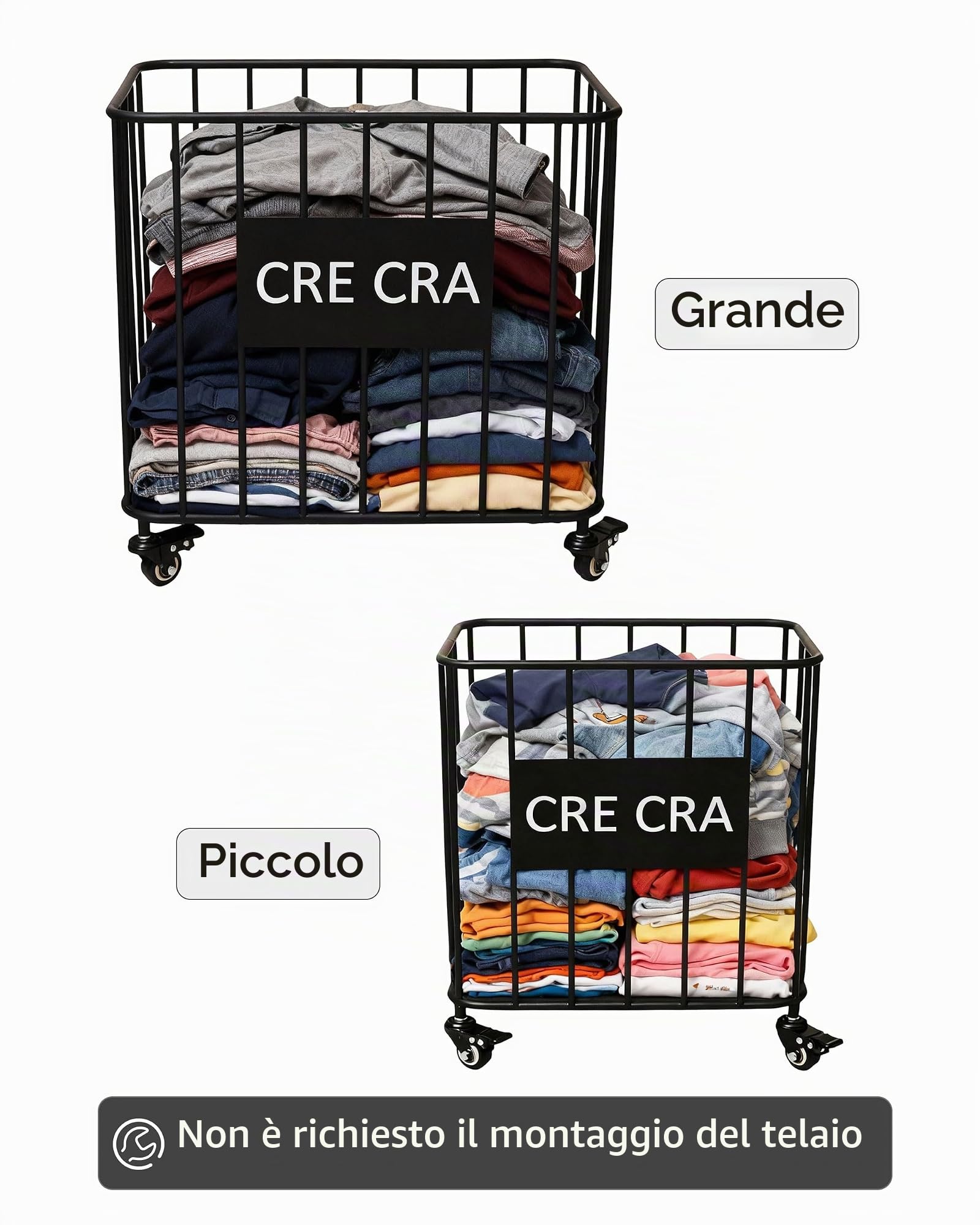 (confezione da 2) Cesto Portabiancheria con Ruote, Cesto Biancheria Sporca,cesto per biancheria in metallo per Lavanderia e Casa,Nero