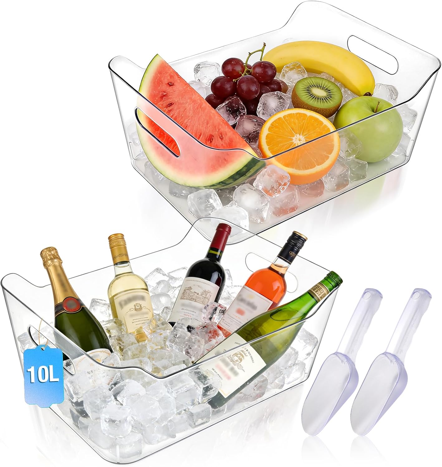 Ice Buckets for Parties, YOPIKUU 2 PCS Thickened Beverage Tub with Scoops, Large Clear Acrylic Champagne Bucket for Beverage, Wine, Beer, Mimosa Bar Supplies