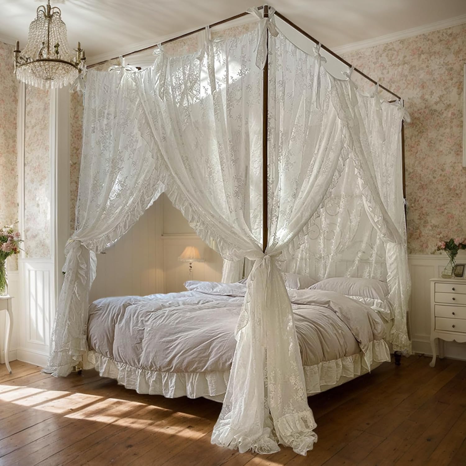 Bed Canopies & Drapes, Canopy Bed Curtains, Three-Opening Lace Princess Canopy, 4 Corner Post Hanging Curtains with Ties Fit 4.92ft