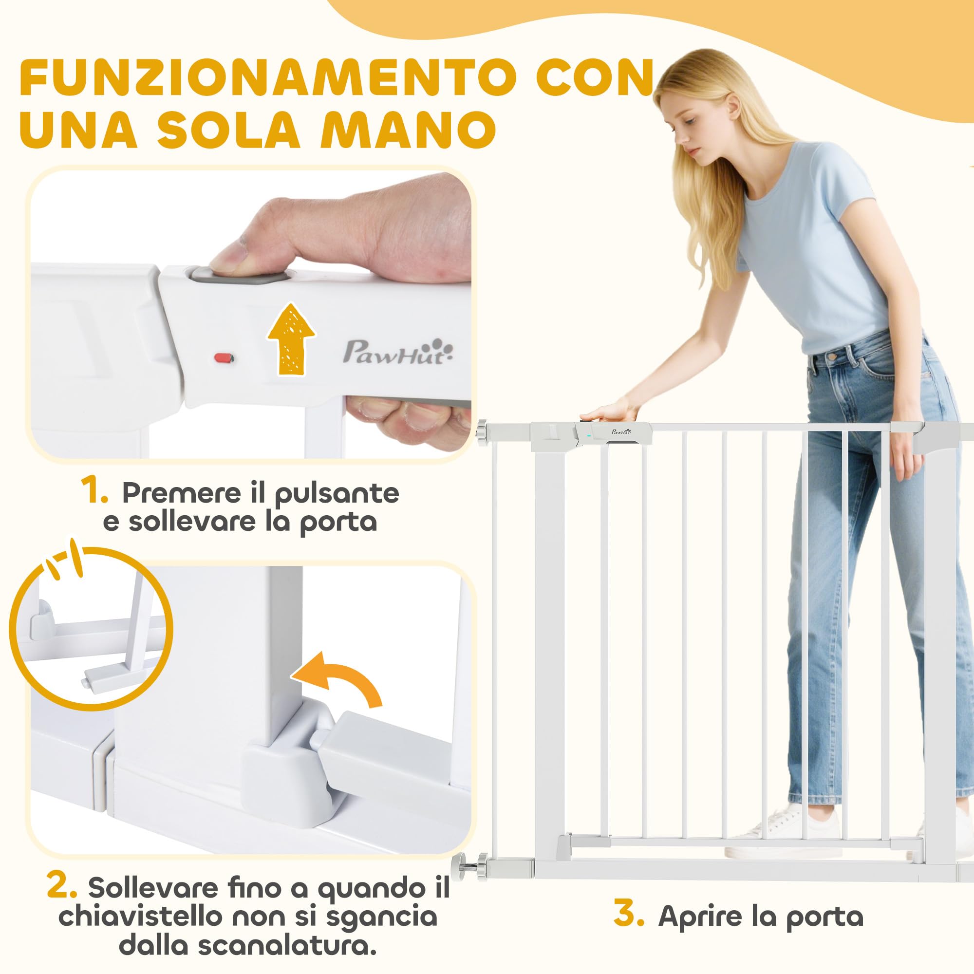 PawHut Cancelletto di Sicurezza per Cani con Fissaggio a Pressione, Cancellino per Cani Estensibile 76-97cm per Scale e Porte, Bianco