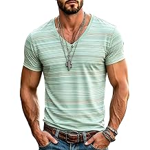 V Neck T Shirts Men Vintage Striped Pleated Short Sleeve Mens Graphic Tees