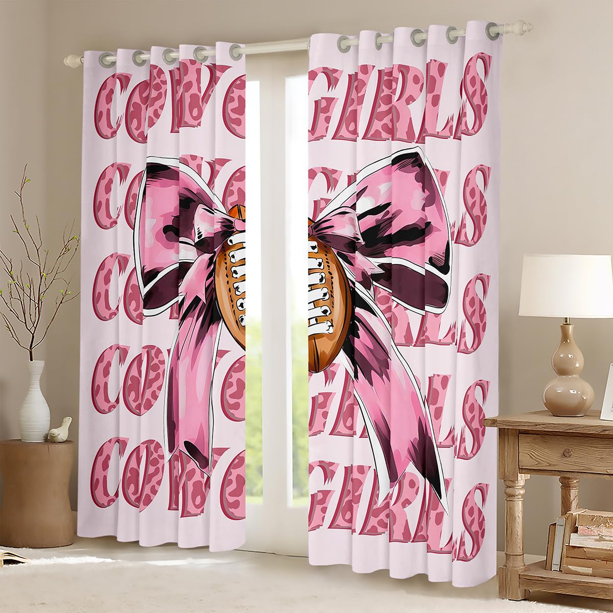 Homewish Różowe zasłony zaciemniające z kokardą, 117 x 183 cm, 2 panele do futbolu amerykańskiego, zasłony okienne dla dziewcząt, dzieci, zachodni kowboje, kokarda, wiązanie, zasłony zaciemniające
