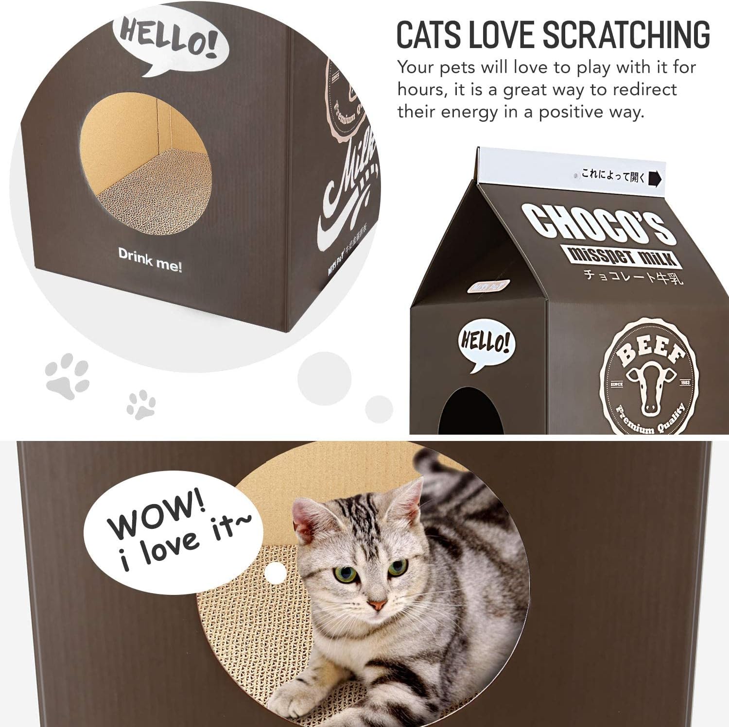 Cardboard Cat House with Scratch Pad, Corrugated Kitten Hideaway Cave, Cute Cats Condos Box, Milk Box Shape Cat Cardboard Scratcher, Christmas/Thanksgiving/Halloween/Birthday Gifts,Black