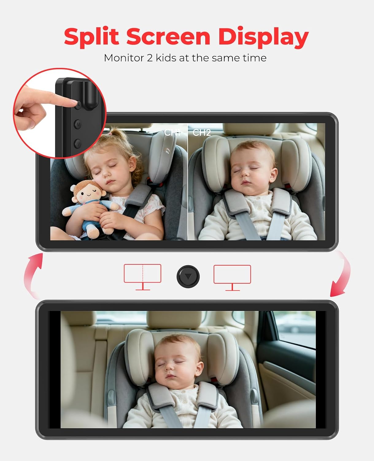 LUCKVIEW BM5PRO 7.2″ 1080P HD Baby Car Camera for 2 Kids, Split Screen with IR Night Vision, Easy to Install & Adjust Brightness, Dual Car Camera Baby Monitor for Rear Seat Safety (Red)
