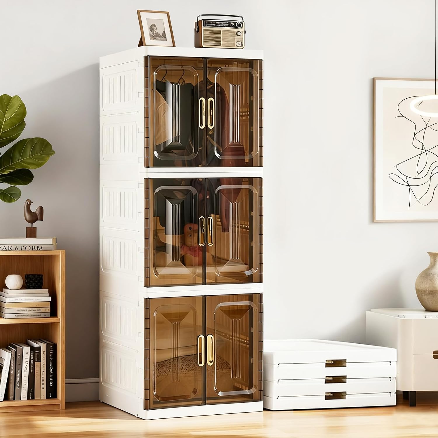 SAYMA Pet Portable Wardrobe Closet with Doors, Pet Wardrobe Storage Cabinet with Hanging Rod Storage Organizer Large Plastic Storage Cabinet for Pet Clothes, Toys, Snacks(3 Layer+Drawer)