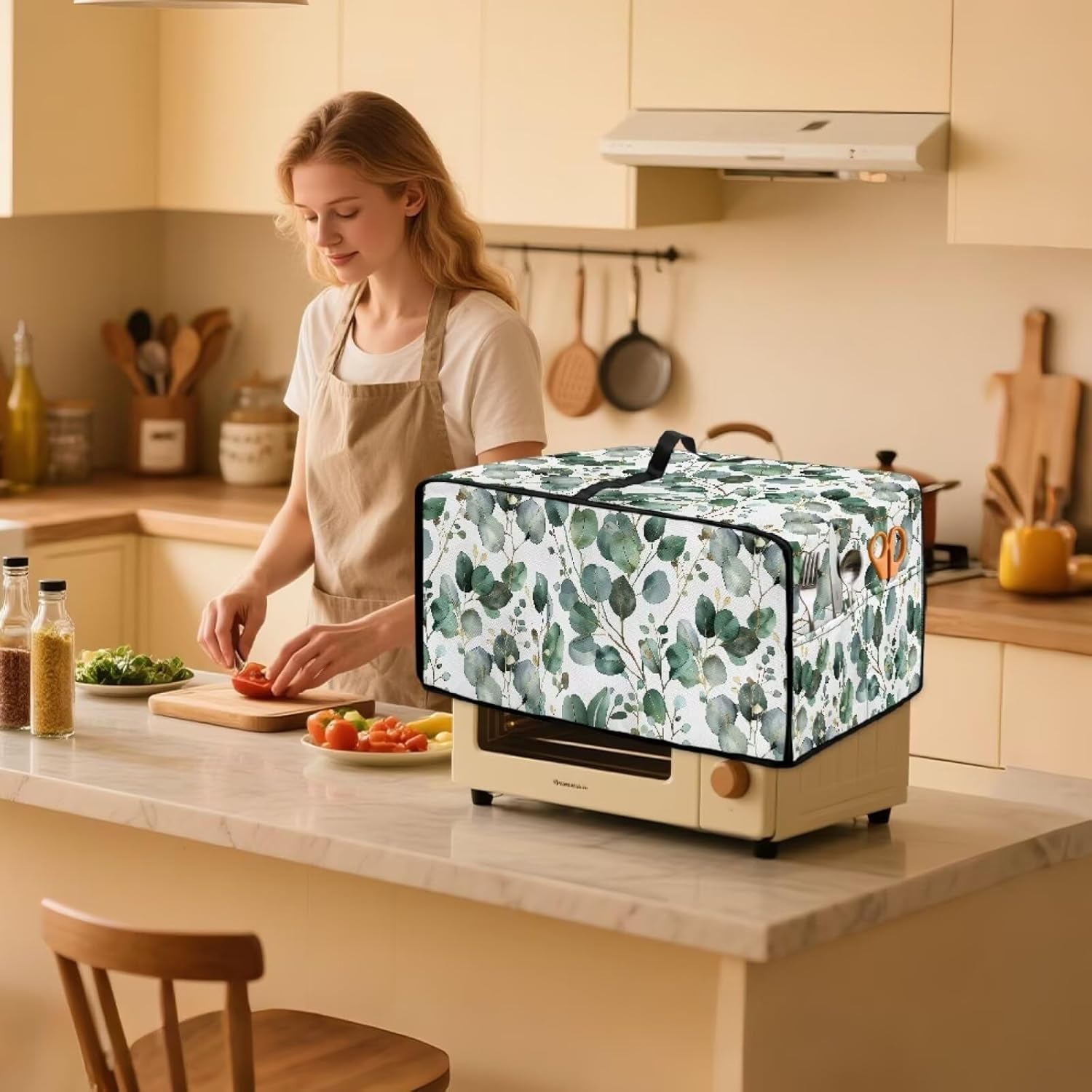 Eucalyptus White Print Toaster Oven Cover Cat Scratch Proof Microwave Cover for Countertop Appliance Dust Protector Decorative Oven Accessories, Machine Washable, 18.5" x 14.5" x 9"