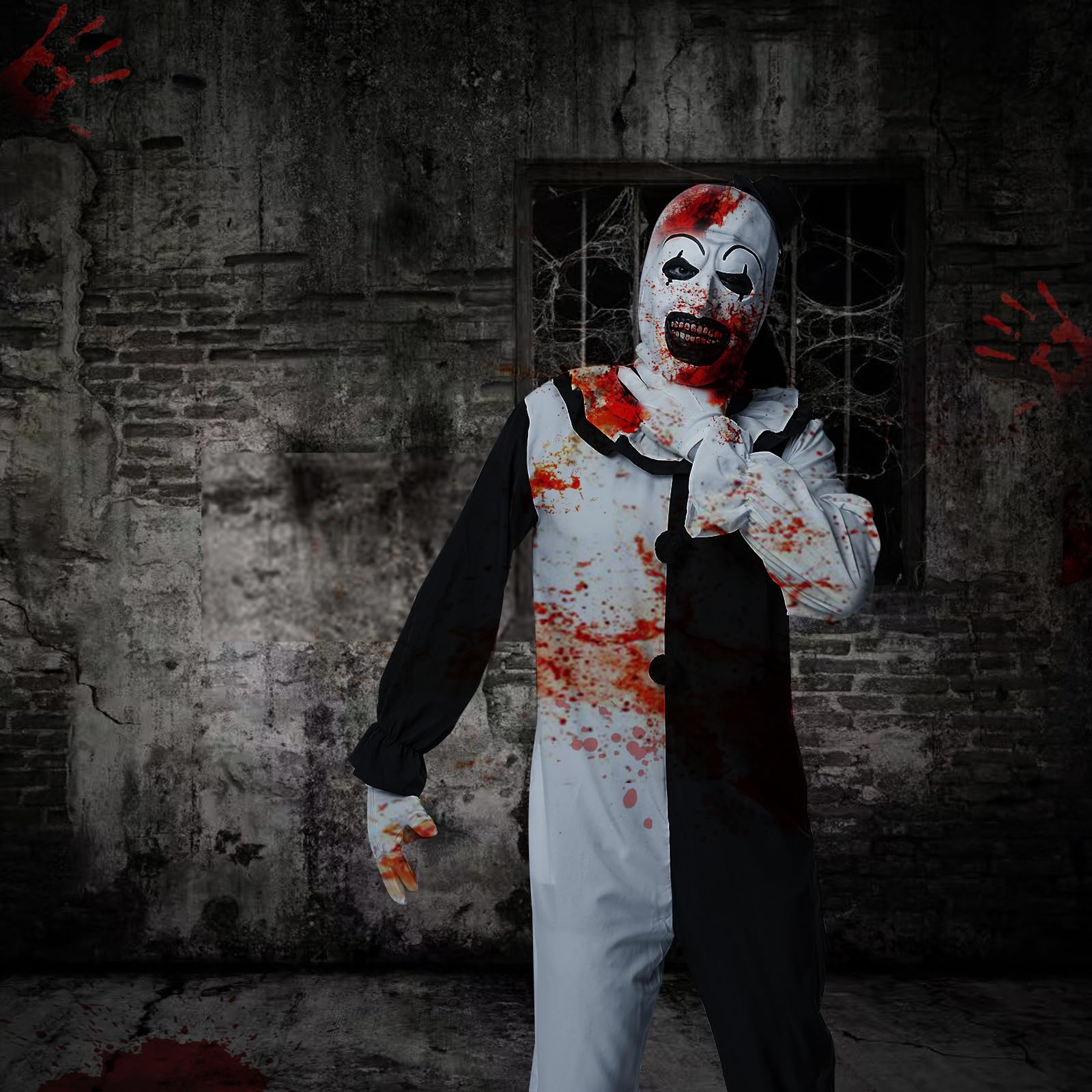 IEEILULU Disfraz Payaso Asesino Hombre, Disfraz Payaso Terror Hombre Conjunto de Disfraz Payaso Terrifier con Mono Negro Blanco y Máscara de Sombrero de Payaso Terrifier para Halloween Carnaval