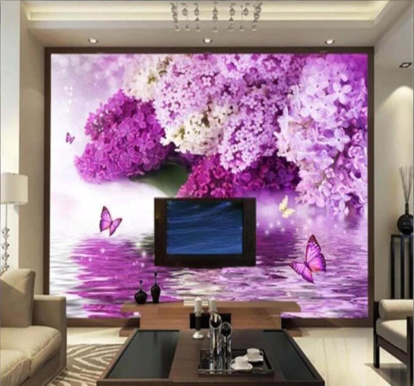 Papier Peint 3D Esthétique Violet Fleurs Reflet Papillon