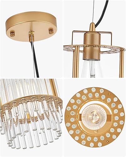 Miniatura 3 de Paquete de 3 luces colgantes colgantes para isla de cocina, moderna lámpara de cristal de metal dorado para cocina, comedor, vestíbulo, pasillo,