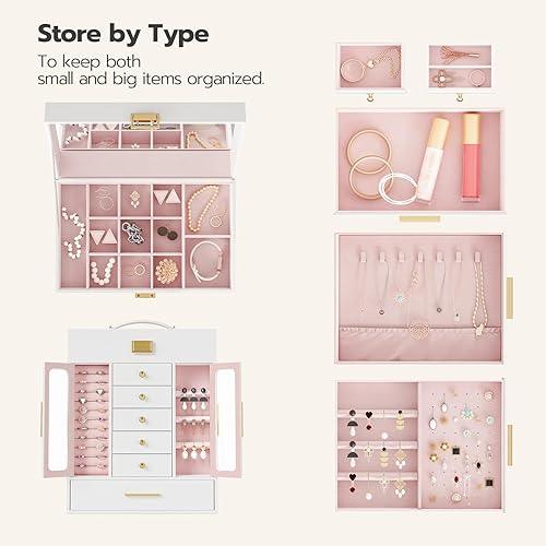 Miniatura 5 de Joyero, caja organizadora de joyas, tapa superior con espejo, cajones extraíbles, 10.2 pulgadas de largo x 6.5 pulgadas de ancho x 12.6 pulgadas de
