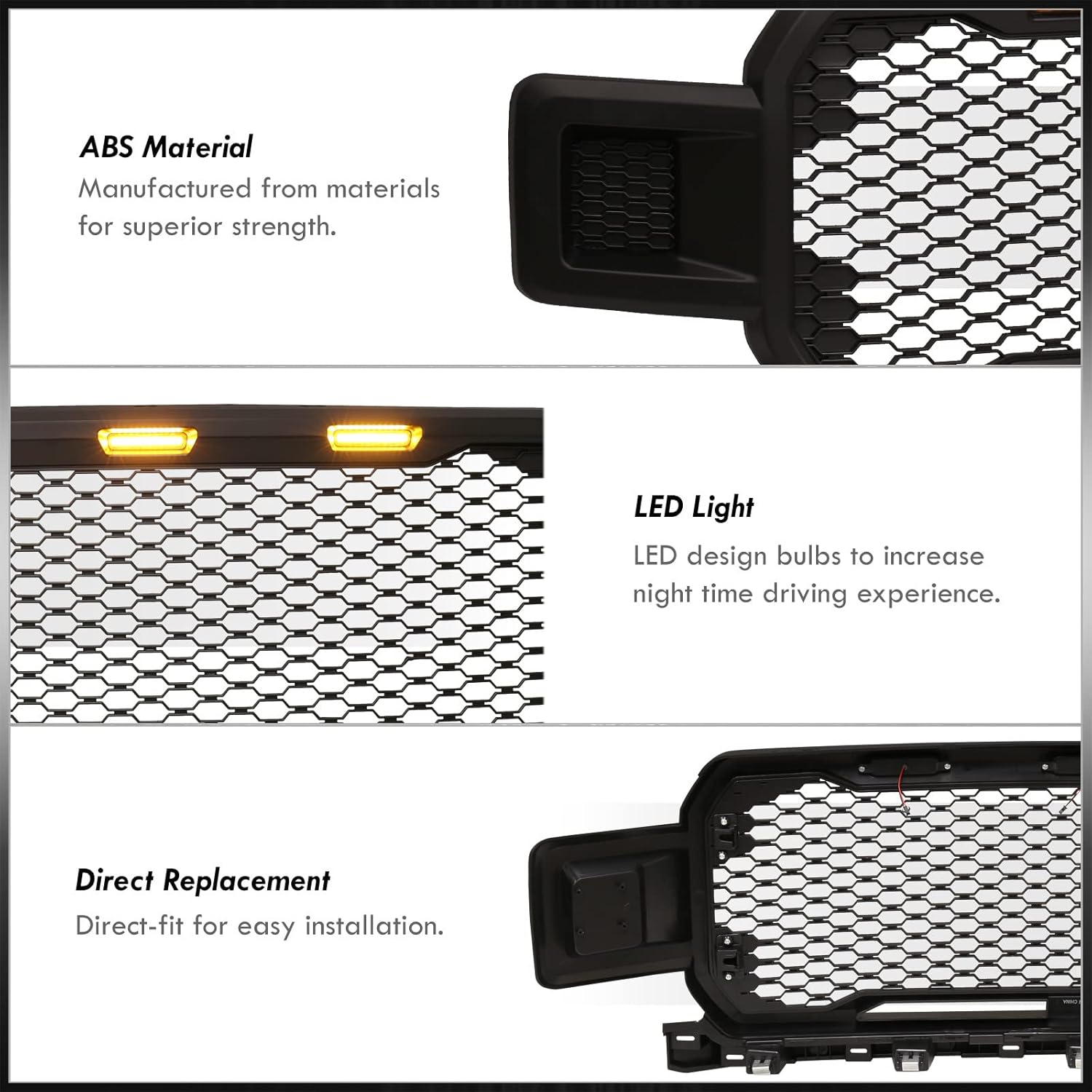 AJP Distributors Front Driving Upper Hood Bumper Mesh Cover Grille Grill + Amber LED DRL Running Lights Lamps Kit Compatible/Replacement For F-150 F150 Pickup Truck 2018 2019 2020 18 19 20