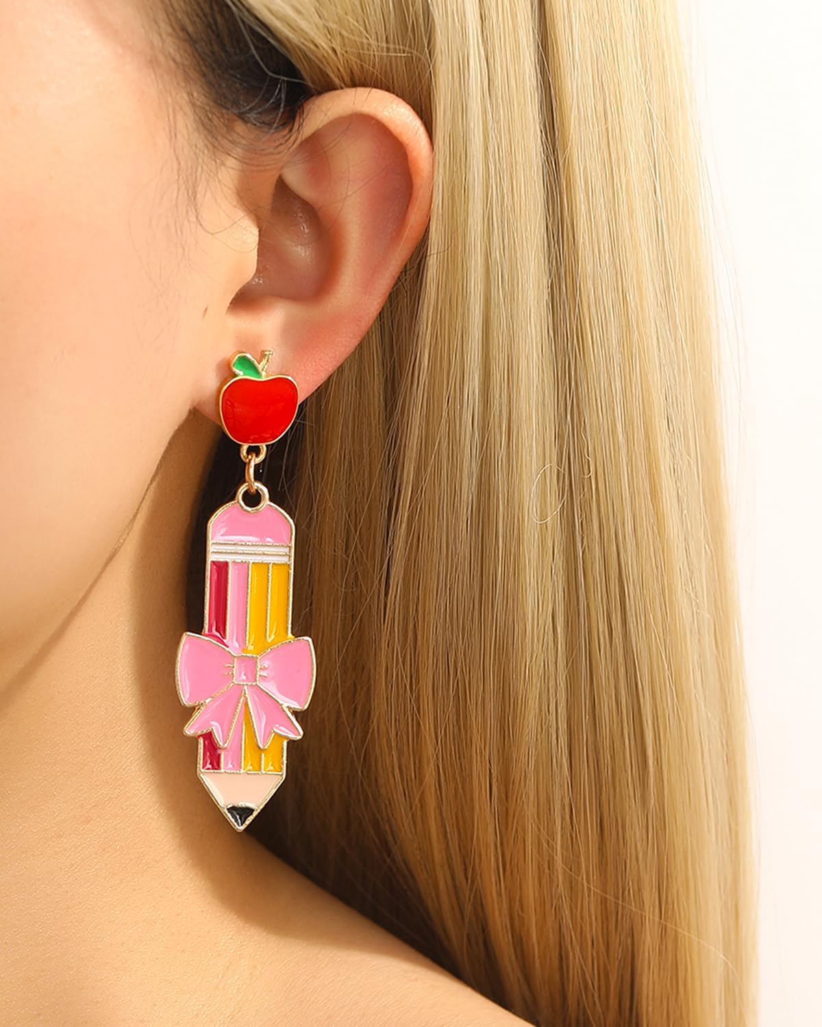 Colorful Teacher Earrings for Women Dangle Drop Pencil Apple Earrings Teacher Appreciation Earrings Back To School Christmas Gift Jewelry Set - Image 3