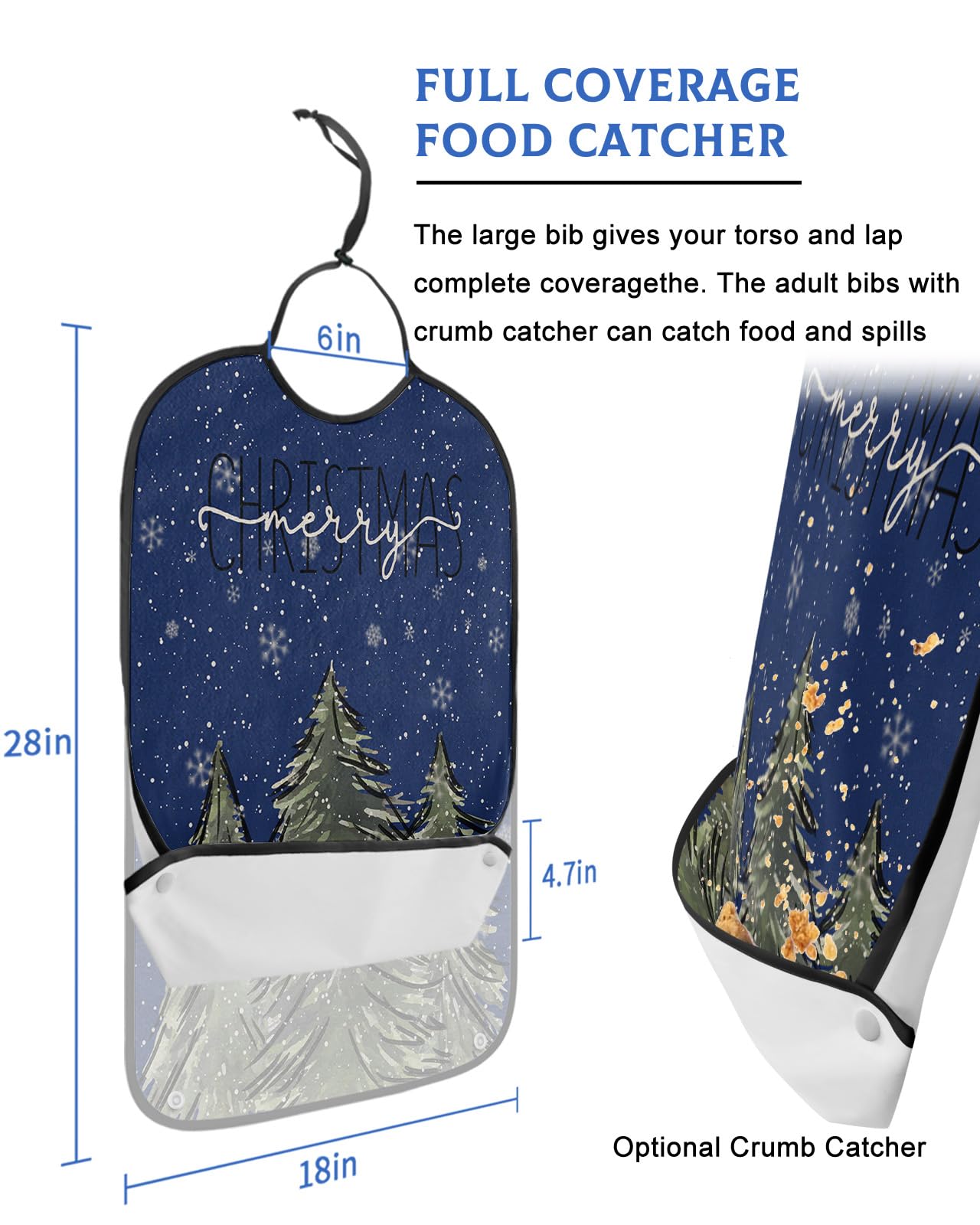LEOKOTI Navy Blue Christmas Tree Adult Bibs for Eating, Waterproof Bibs with Food Catcher & Adjustable Snap Closure, Green Xmas Tree Snowflake Washable Clothing Protectors Adult Bibs for Elderly