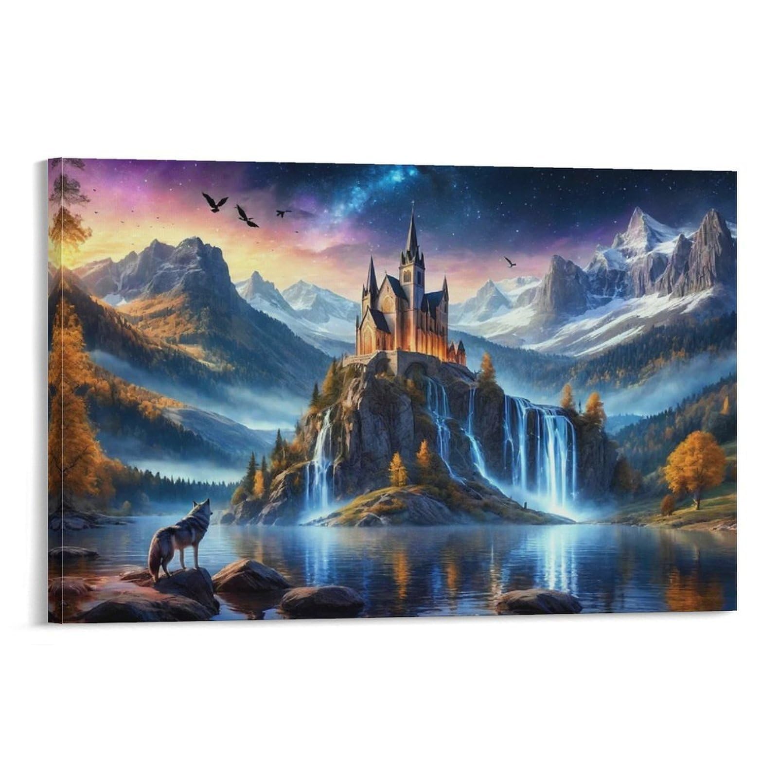CPLVKWRQJ Castle Single Piece Fantasy Castle with Waterfall And Wolf Canvas Wall Hanging - Nursery Space Saving Removable Ready to Hang Decor 20x30inch(50x75cm)