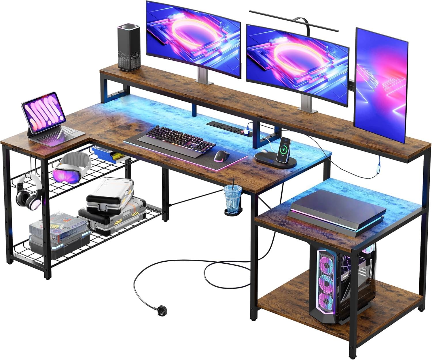 Bestier 181CM L Shaped Corner Desk with Power Outlets LED Lights Gaming Desk with Long Monitor Stand Large Computer Desk with Storage Shelf Cup Holder Headset Hooks Ideal for Gaming Room