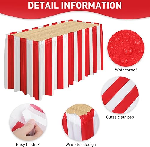 Miniatura 3 de durony Paquete de 4 faldas de mesa a rayas rojas y blancas, suministros de fiesta temática de circo, falda de mesa de carnaval para decoración de